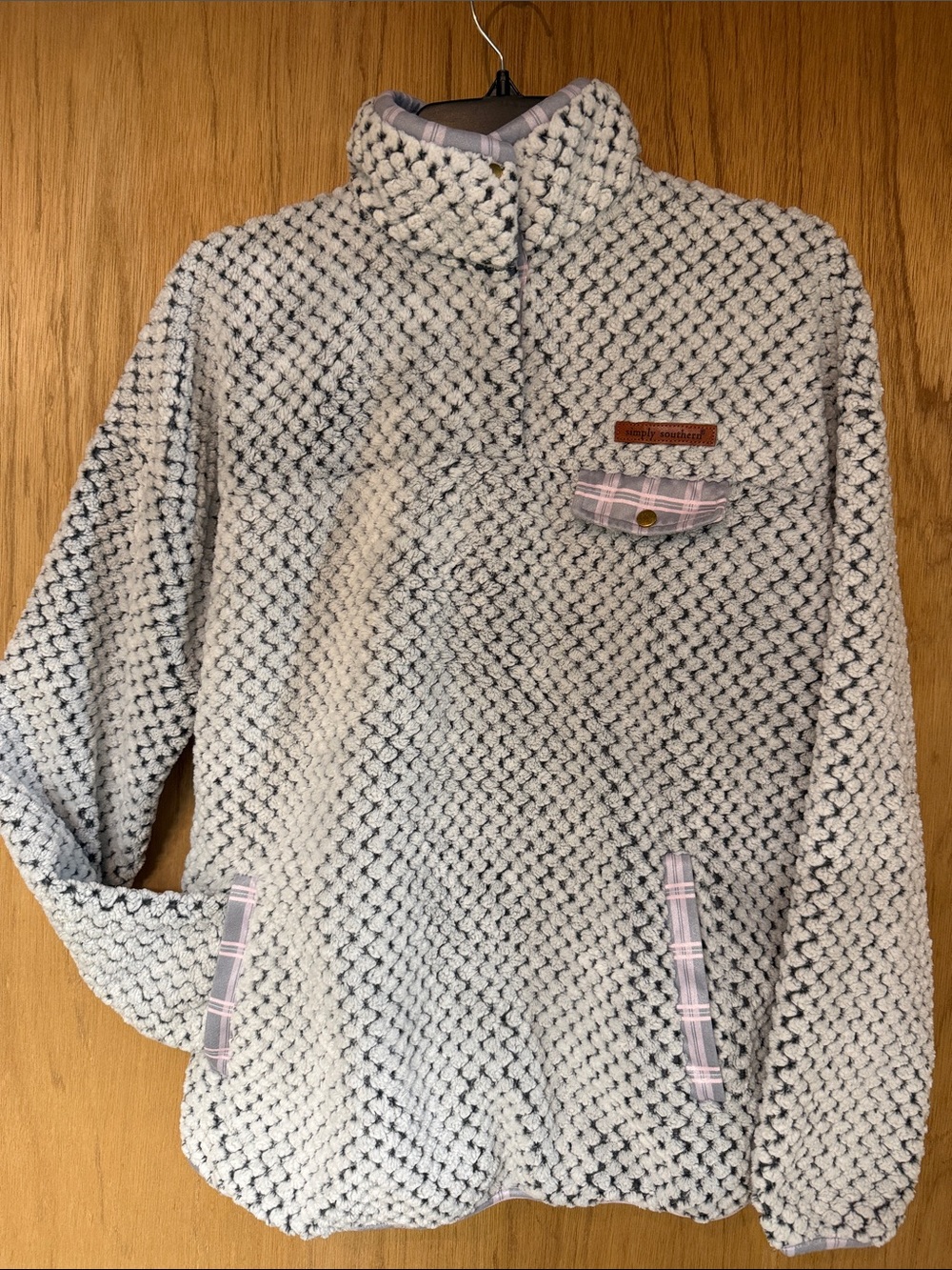Simply Southern Whit and Gray Sherpa Pullover with Pink Plaid Accents